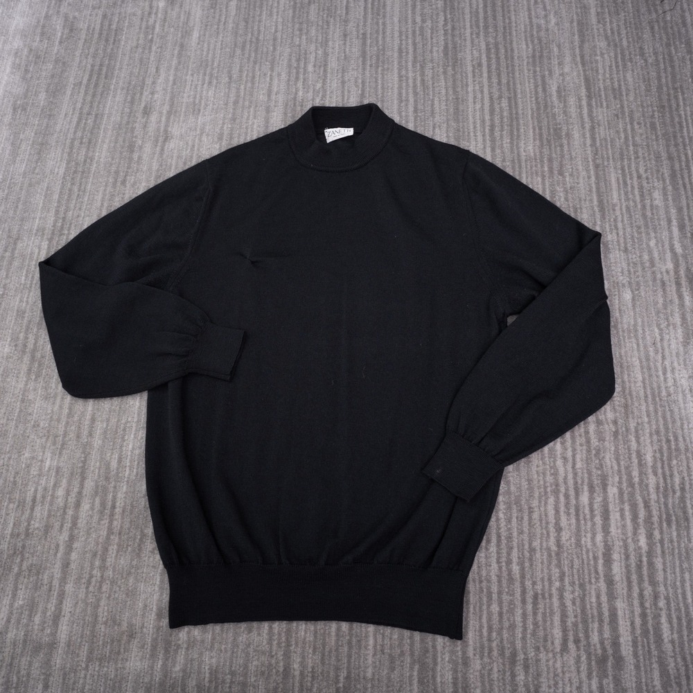Zanetti Sweater Mens L Black Good Extra Fine Merino Wool Mock Neck Italy